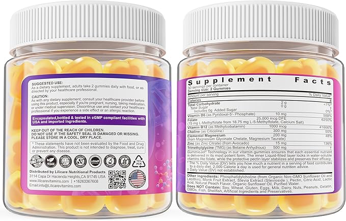 L-MethylFolate 15mg 7.5mg &amp B12 1000 mcg Gummies Methylated B Complex + TMG Magnesium Choline - Active 5-MTHF(B9) + Methyl B12 B6 Multivitamin - Methylation Cognition Mood Sugar Free 2 Pa