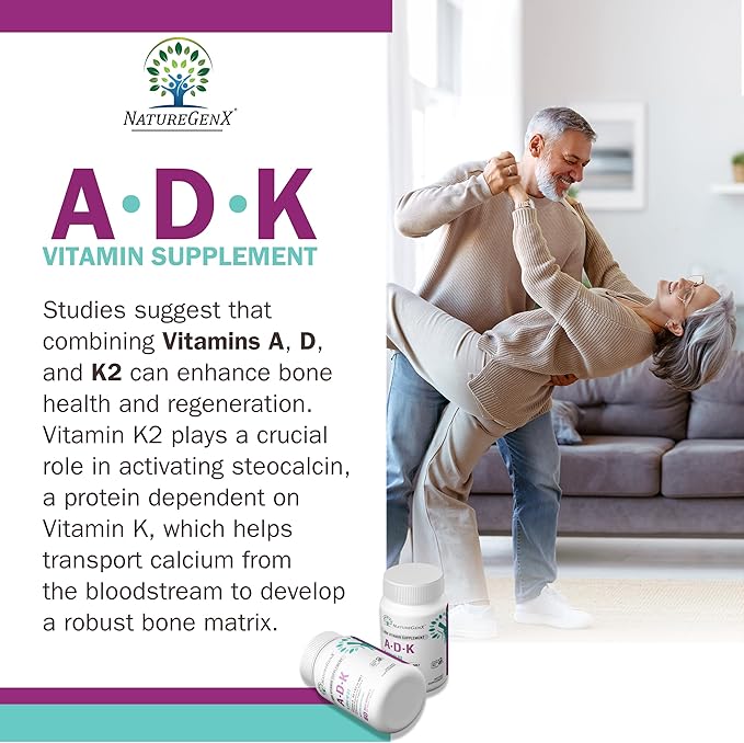ADK Vitamin Supplement - Enhanced Bone Health with High Potency Vitamins A D3 K2 Gluten-Free 60 Capsules (Pack of 2)