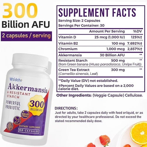 300 Billion AFU Akkermansia Muciniphila Supplement for Women &amp Men Akkermansia Probiotic Digestive Gut Immune &amp Overall Health Enhances Gut Digestive Lining Function - 240Capsule