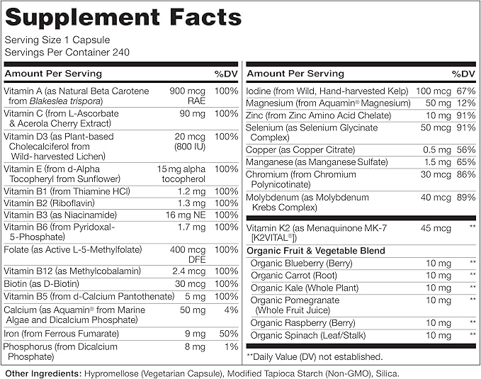 NATURELO One Daily Multivitamin for Women w/Vitamin B12 240 Ct Energy Support Whole Food Daily Women Multivitamin Supplement Nourish Hair/Skin/Nail Non-GMO No Soy Gluten Free 8 Month Supply