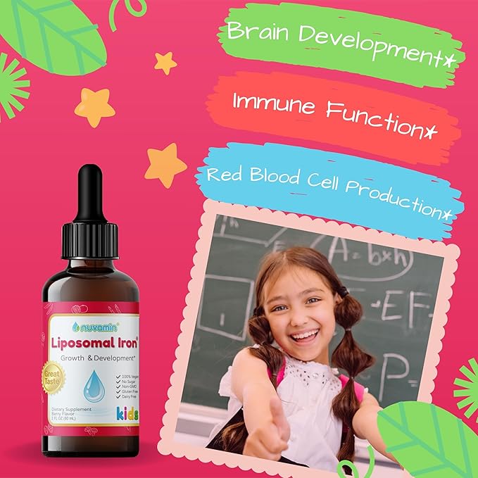 Nuvamin – Liquid Liposomal Iron Drops for Baby Toddlers Kids &amp Teens 2Fl.Oz (60ml) 120 Daily Serving. Great Taste - All Natural - Vegan - No Metallic Aftertaste Berry Flavor