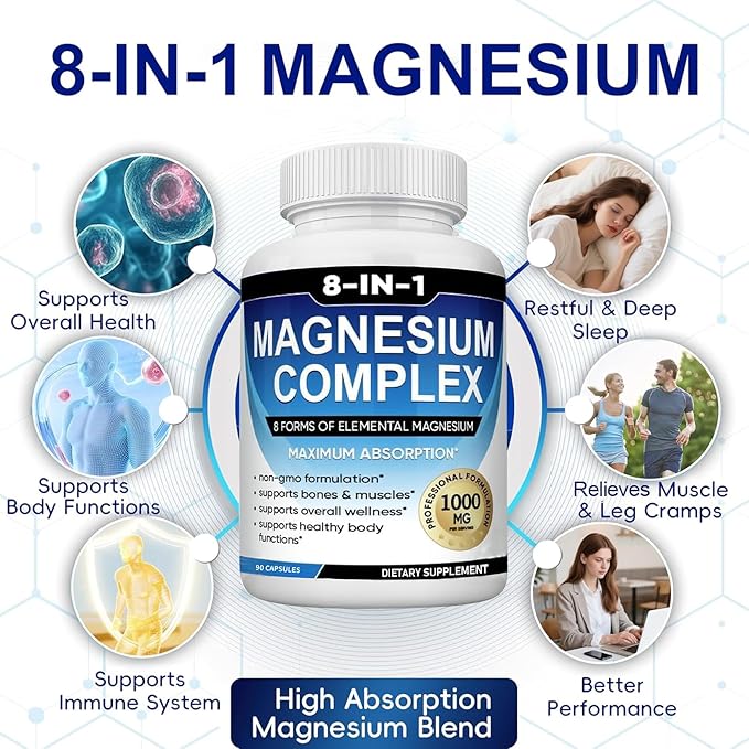 Magnesium Complex Supplement 8 Elemental 1000mg with GlycinateCitrate for Muscle Recovery Stress Energy Bone Health Vegan Non-GMO 180 Capsules Magnesium Supplement for Women Men 2 Bottle