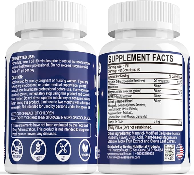 NEVISS Melatonin 50 mg for Adults - Extra Strength 9-in-1 Fast Dissolve Sublingual - High Dose with Magnesium Glycinate Vitamin D3 Ashwagandha Lemon Balm Chamomile Sugar Free Vegan60 Tablets