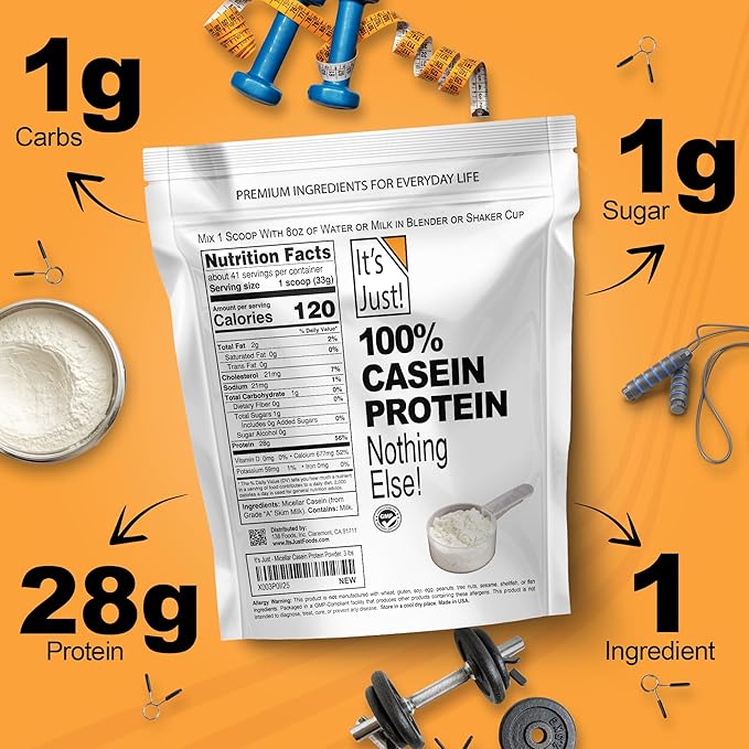 It's Just! - 100% Casein Protein Powder Made in USA One Ingredient Slow Burning Time Release 6.9g BCAAs 1g Carb Non-GMO (Unflavored 3lbs/48oz)