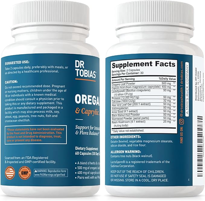 Dr. Tobias Oregano and Caprylic Acid Blend Gut Flora Balance Complex with Probiotics &amp Enzymes for Intestinal and Immune Support Gut Health Supplements for Women &amp Men 60 Capsules 30 Servi