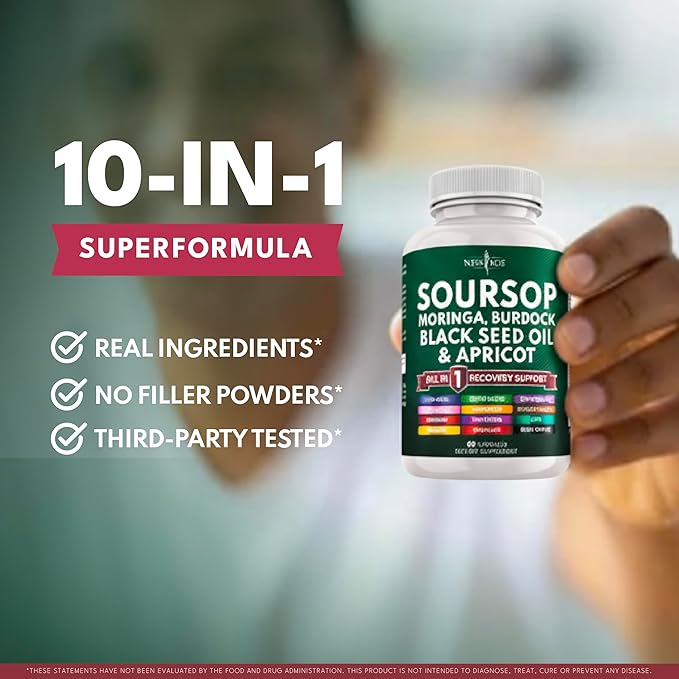 Soursop Supplement - Moringa Sea Moss Black Seed Oil Berberine Turmeric Apricot Quercetin Greens Bitters Boswellia Bitter Melon Burdock Root - 120 Capsules