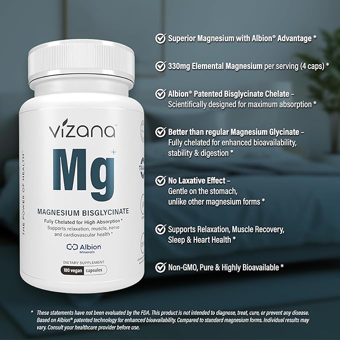 Magnesium Bisglycinate – 100% Pure Albion® TRAACS® Chelate – 330mg Elemental Magnesium – Non-Buffered No Oxide Gentle on Stomach – 180 Vegan Capsules