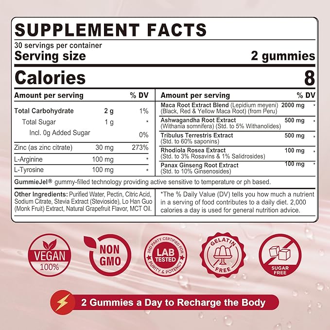 2 Pack Sugar Free Maca Root Gummies 2000mg with Ashwagandha Tribulus Terrestris Rhodiola Panax Ginseng L Arginine &amp L Tyrosine - Organic Black Red Yellow Maca Root for Women Men Energy Support