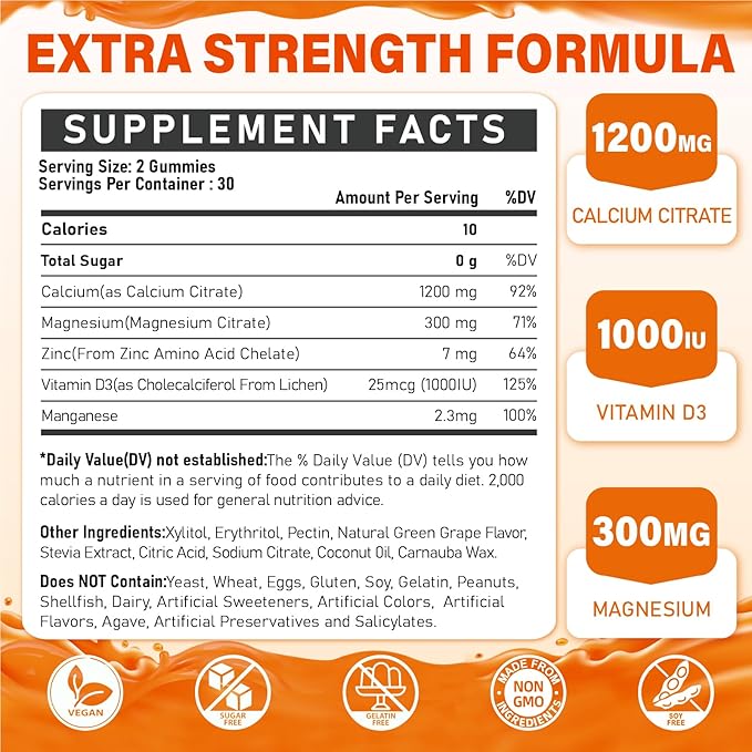 Calcium Citrate Supplement Gummies for Adult - Sugar Free Calcium Citrate 1200 Mg with Magnesium 300 Mg &amp Vitamin D3 - Organic Chewable Calcium Supplements for Women &amp Men