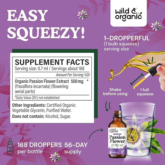 Wild &amp Organic Passion Flower Tincture - Mood Support - Calming Passionflower Supplement - Passiflora Incarnata Liquid Extract - Vegan Sugar &amp Alcohol-Free Herb Drops - 4 fl oz