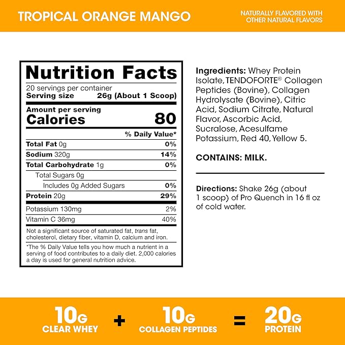 Optimum Nutrition Pro Quench 10g Clear Protein 10g Collagen peptides &amp Electrolyte Powder Drink Mix Tropical Orange Mango 20 Servings 520 Grams (Packaging May Vary)