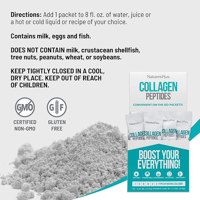 NaturesPlus Collagen Peptides - 20 Stick Packets - Hair Skin Nail &amp Joint Health Immune System Support - Non-GMO Gluten Free - 20 Servings