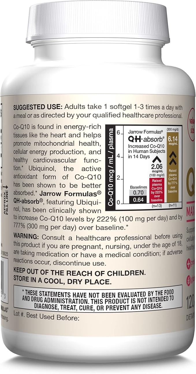 Jarrow Formulas QH-Absorb Ubiquinol 100mg - 120 Softgels - High Absorption &amp Active Antioxidant Form of Co-Q10 - Supports Mitochondrial Energy Production &amp Healthy Cardiovascular Function