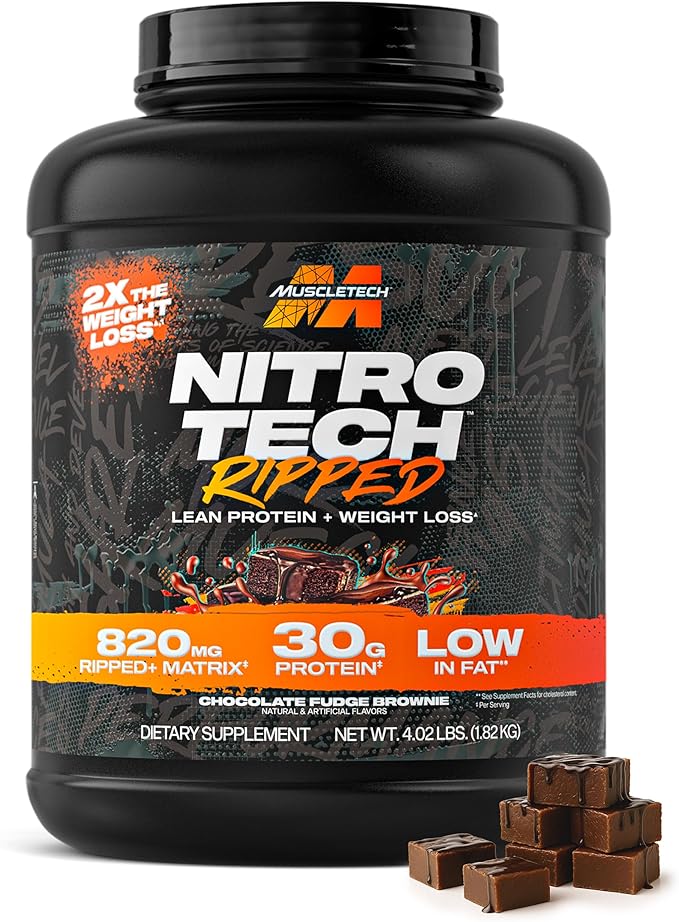 Muscletech Whey Protein Powder (Chocolate Fudge Brownie 4LB) - Nitro-Tech Ripped Whey Protein Isolate &amp Peptides Smoothie Mix for Lean Muscle - 30g of Whey Protein for Women &amp Men Packaging