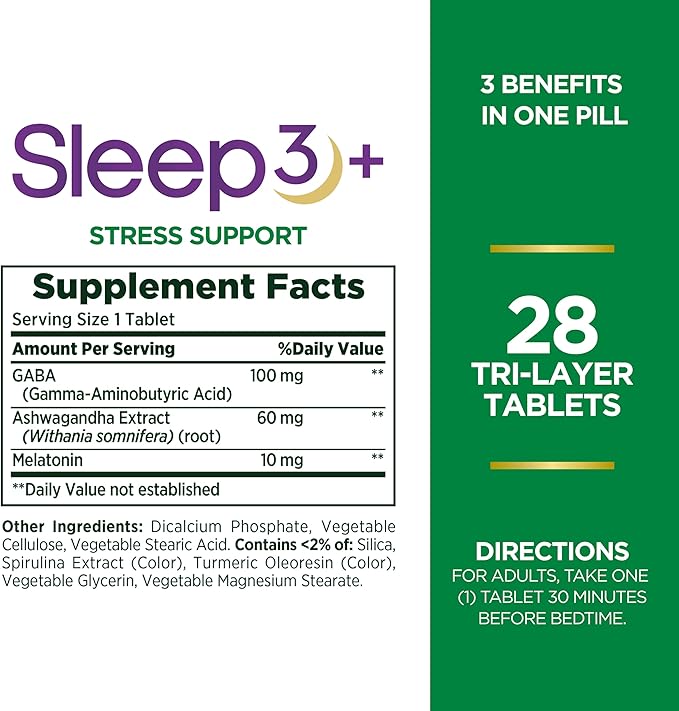 Nature's Bounty Sleep + Stress Support Sleep3 Maximum Strength 100% Drug Free Sleep Aid Dietary Supplement with Ashwagandha Time Release Technology 10mg 28 Tri-Layered Tablets (Pack of 3)