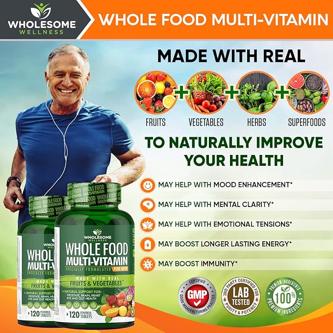 Wholesome Wellness Whole Food Multivitamin for Men - Natural Multi Vitamins Minerals Organic Extracts Digestive Enzymes 1000MG Plus Prebiotics &amp Probiotics Bundle