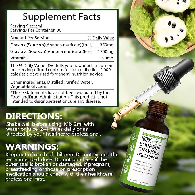 Soursop Bitters Liquid100% Pure Organic Soursop Graviola Liquid Drops with Vitamin C | Immune Boost &amp Relax Liver and Sleep Sugar Vegan Non-GMO Natural Flavor 2 Fl Oz 60 ml