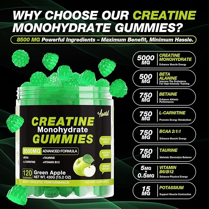Creatine Monohydrate Gummies 8500MG for Men &amp Women - Creatine Gummies Sugar Free Pre Workout Promote Muscle Growth Boost Strength &amp Energy 120 Count Green Apple