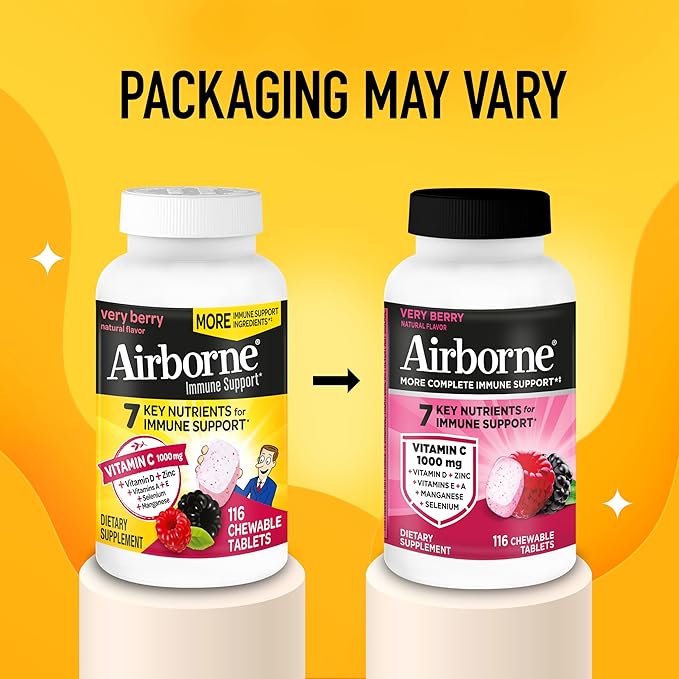 Airborne Vitamin C 1000mg (per Serving) - Very Berry Chewable Tablets (116 Count in a Bottle) Gluten-Free Immune Support Supplement with Vitamins A C E Zinc Selenium Ginger Antioxidants