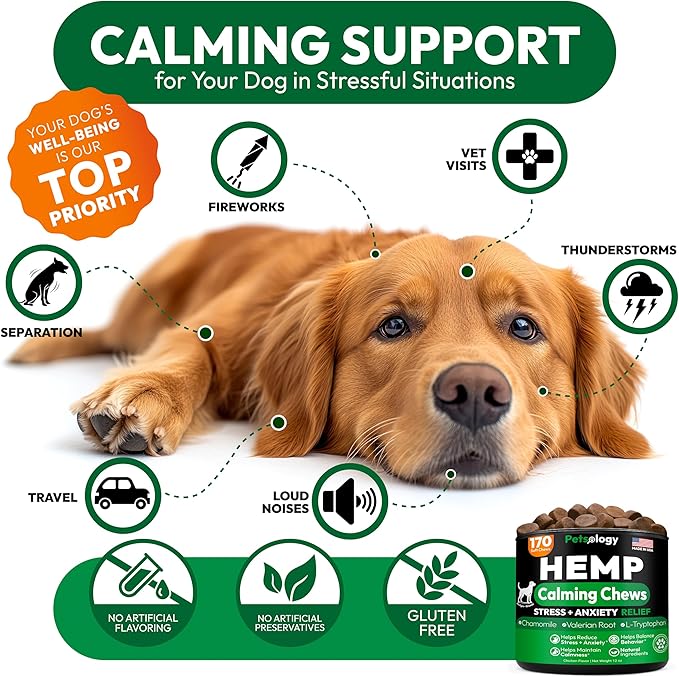 Hemp Calming Chews for Dogs - 170 Dog Calming Chews - Anxiety Relief Treats - Advanced Stress Relief Supplement Separation Aid Barking Fireworks Melatonin - Hip &amp Joint Support - Made in USA