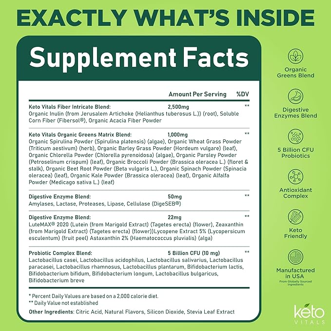 Keto Vitals Keto Electrolytes Plus Greens Superfood Powder Packets - 30 Servings Super Greens Powder Packets with Sugar Free Electrolytes for Hydration Gut Health &amp Digestion - Green Drink Mix