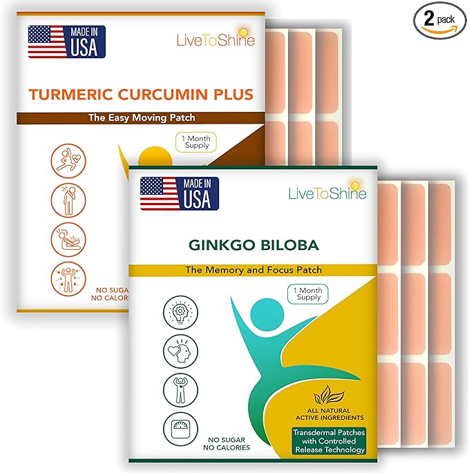 Live To Shine Turmeric Curcumin and Ginkgo Biloba Patch Bundle - 2 Packs - 30 Day Supply Each Pack - USA Made