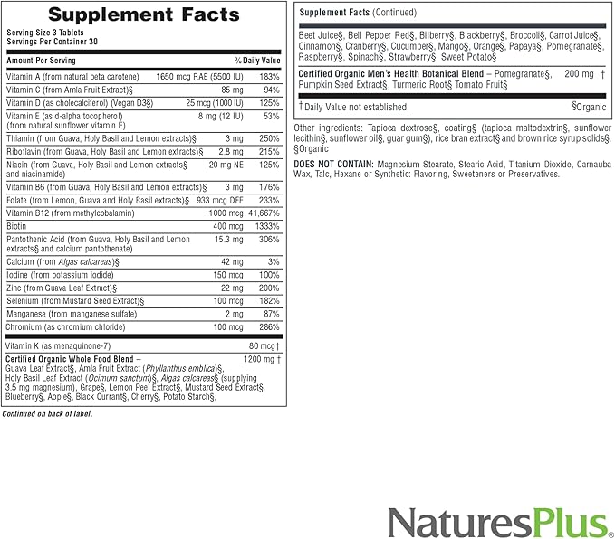 NaturesPlus Source of Life Garden Men’s Multivitamin - 90 Tablets - Supports Energy &amp Healthy Immune System - USDA Certified Organic Non-GMO Vegan Gluten Free Iron Free - 30 Servings