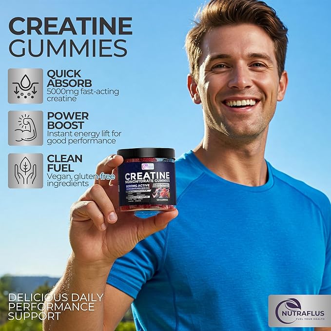 Creatine Monohydrate Gummies – Berry Flavored Creatine Supplements for Women and Men – 120Pcs Pre Workout Gummies with BCAA Taurine Vitamin B12 - Promote Energy Boost Performance
