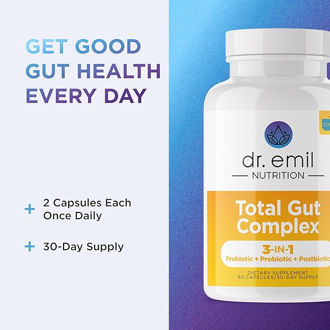 DR. EMIL NUTRITION Total Gut Health Complex - Prebiotic Probiotic &amp Postbiotic Supplement - Supports Digestive Health Bloating &amp Gut Balance - Non-GMO &amp Soy-Free - 60 Capsules