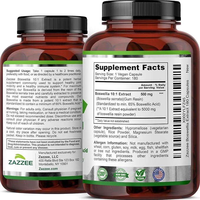 Zazzee Extra Strength Boswellia 10:1 Extract 65% Boswellic Acid 180 Vegan Capsules 6 Month Supply Boswellia Serrata Joint Comfort Mobility &amp Flexibility Support Non-GMO Made in the USA