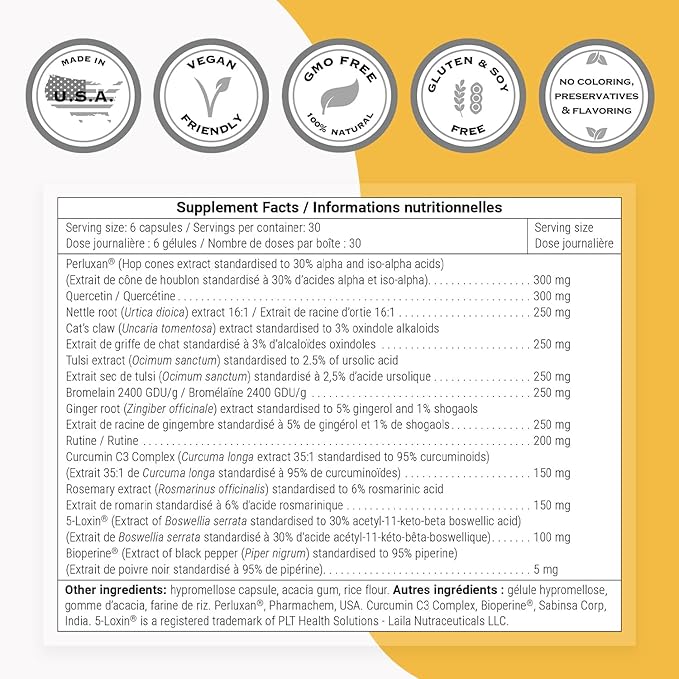 Supersmart - InflaRelief Formula (Perluxan) - Powerful Blend Curcumin C3 5 Loxin Bioperine - Enhanced Formulation | Non-GMO &amp Gluten Free - 180 Vegetarian Capsules