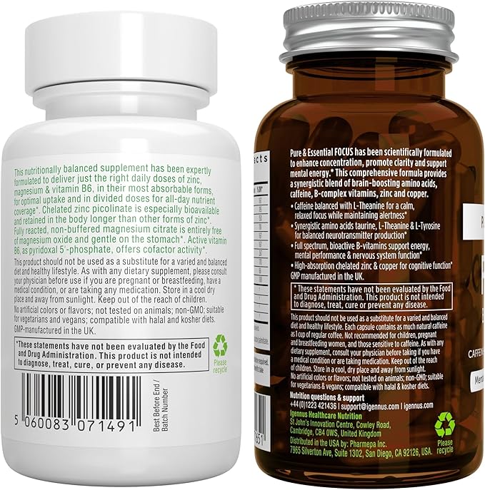 Neurobalance 240 Tablets + Focus Brain Booster Vegan Bundle Chelated Zinc Picolinate 24mg Oxide-Free Magnesium &amp Vitamin B6 + Caffeine L-Theanine Taurine &amp L-Tyrosine B-Vitamins Zinc &am