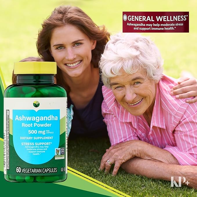 KP+ Ashwagandha Root Powder 500 mg | General Wellness | May Help Moderate Stress &amp Support Immune Health | Dietary Supplement | 60 Vegetarian Capsules | Pack of 1