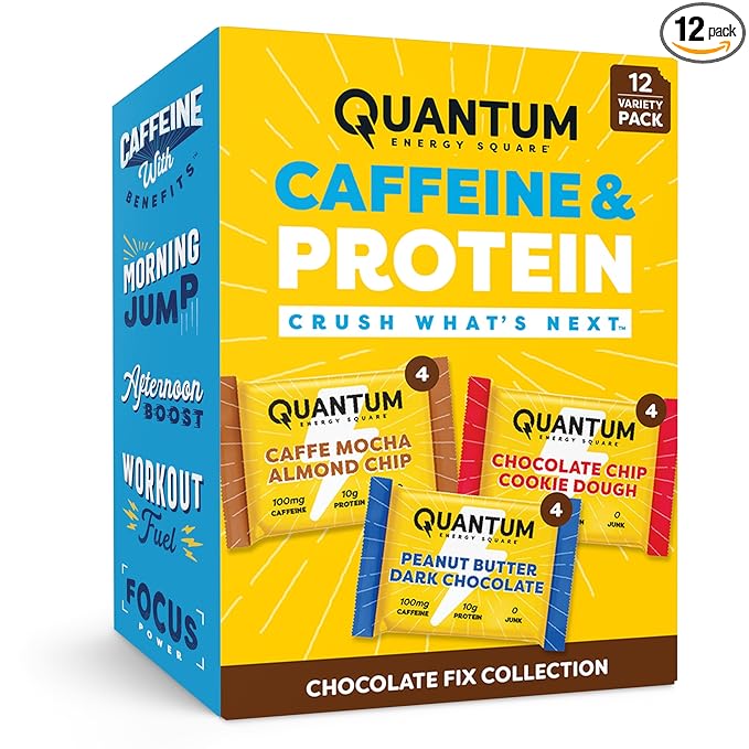 Quantum Energy Square - Peanut Butter Dark Chocolate Chocolate Chip Cookie Dough Caffe Mocha Almond Chip - Variety 12-Pack - 4 Bars Each