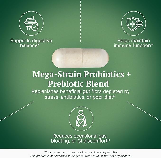 Mega-Strain 50 Billion CFU Probiotics + Prebiotics 30 Caps Probiotics for Women &amp Men - Maintain Good Flora Probiotic &amp Digestive Health - No Refrigeration Required Probiotics Lactobacillus Rh