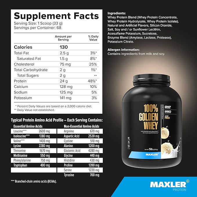 Maxler 100% Golden Whey Protein - 24g of Protein per Serving - Whey Protein Powder for Pre Post Workout - Fast-Absorbing Whey Concentrate Isolate &amp Hydrolysate Blend - Vanilla Ice Cream 5 lb