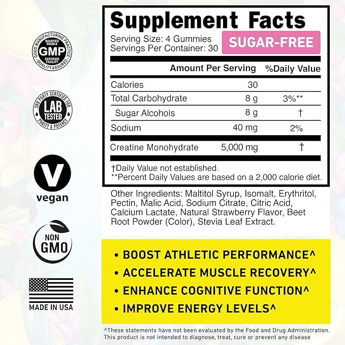 Creatine Monohydrate Gummies Sugar Free 5g - Made in USA - Pre Workout Creatine Chews for Women &amp Men Creatine Gummy Candy Chewable Nutritional Supplements NSF Certified (Strawberry 120 Count)