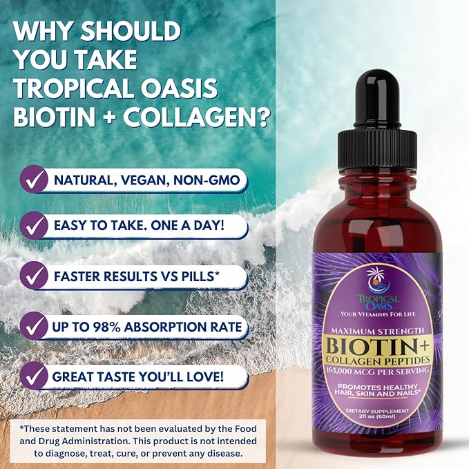 Maximum Strength 165000mcg Liquid Biotin &amp Collagen Drops – Vitamins for Hair Growth for Women &amp Men – Supports Healthy Hair Radiant Skin &amp Strong Nails – 98% Absorption Non-GMO 60 Ser