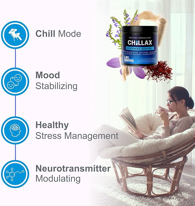 Life Happns Calm &amp Mood Support for Adults – Doctor-Formulated with Saffron Magnesium L-Theanine &amp Skullcap for Stress Relief &amp Emotional Balance | Non-Drowsy Natural Relaxation Suppleme
