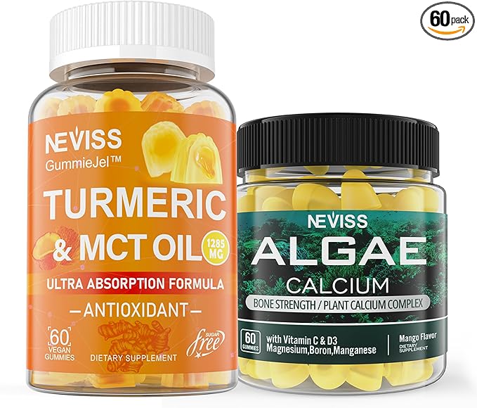 NEVISS Sugar Free Turmeric Curcumin Gummies + Marine Algae Calcium Supplement 600mg High Absorption Vegan
