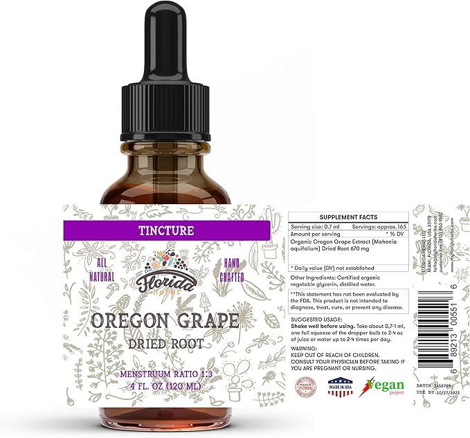 Oregon Grape Tincture Organic Oregon Grape Extract (Mahonia aquifolium) Herb Health Supplement Non-GMO in Cold-Pressed Organic Vegetable Glycerin 4 oz 670 mg