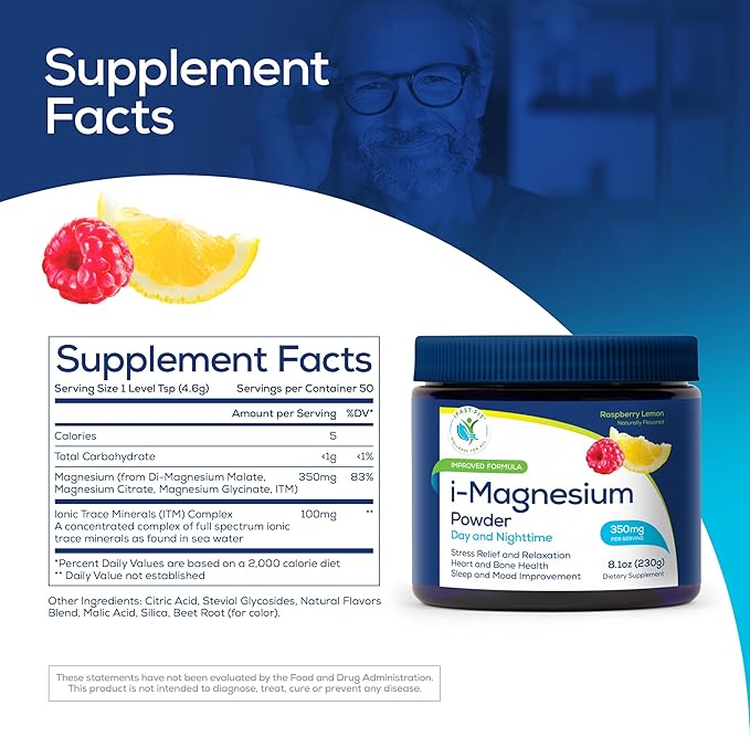 Ifastfit i-Magnesium Powder Blend of Citrate Malate and Glicynate Supplement with Trace Mineral Complex Raspberry Lemon Flavor Highly absorbable Stress Constipation