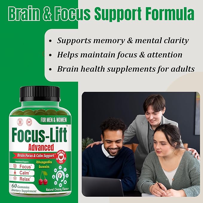 Focus-Lift Ashwagandha Gummies for Adults – Brain Supplement for Men &amp Women - Ashwagandha Supplements Calm Gummies for Stress Support Brain Health &amp Memory – 60 Gummies
