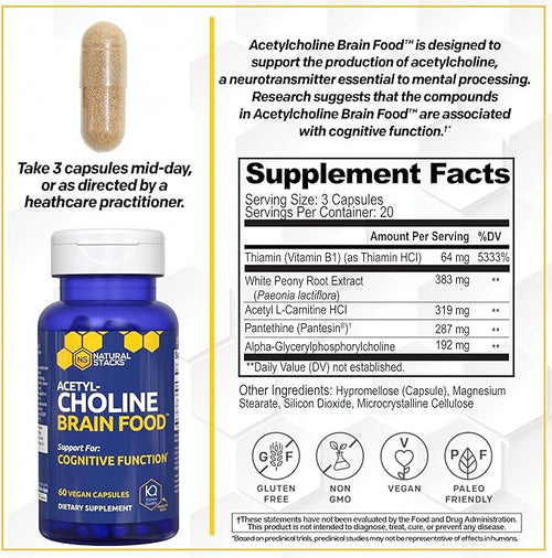 Acetylcholine Brain Food - Acetyl L-Carnitine &amp Alpha GPC Supplement - Supports Production of Acetylcholine - Neurotransmitter Supplement for Cognitive Function - 60 Capsules
