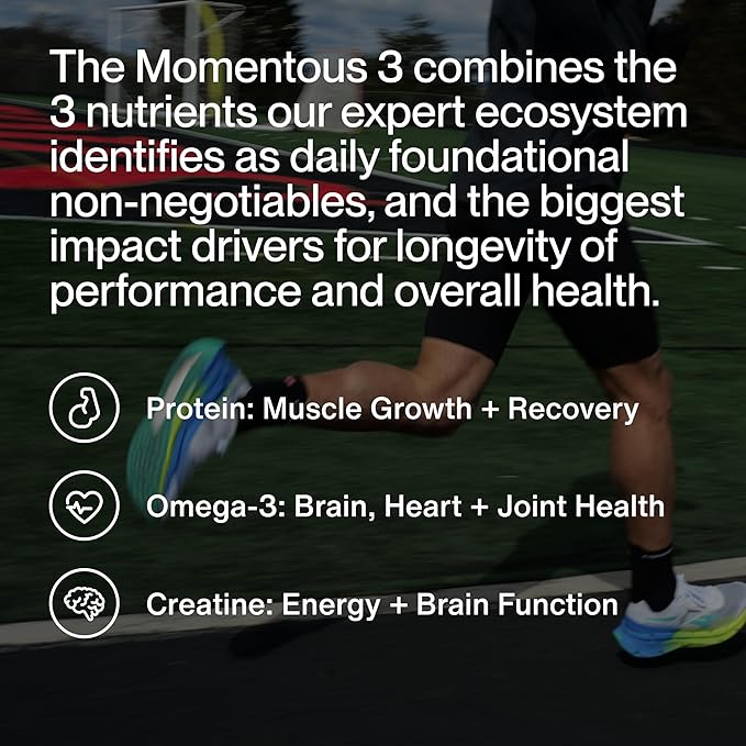 Momentous Three - Creatine Monohydrate Powder (30 Servings) Grass-Fed Whey Protein Powder (Vanilla) &amp Omega-3 Fish Oil 1600mg - Daily Essentials for Strength Performance &amp Lean Muscle Recove