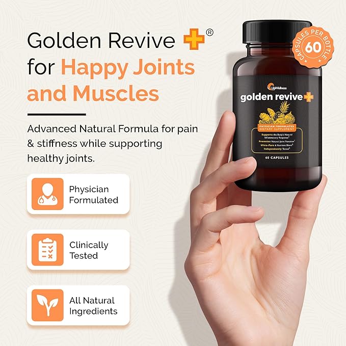 UpWellness Golden Revive + Joint Support Supplement Featuring Turmeric with Black Pepper Quercetin and Magnesium- Turmeric Boswellia Supplement - 6 Active Ingredients for Joint Care - 60 Capsules