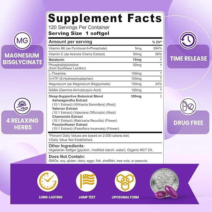 Liposomal Melatonin 30mg 15mg Extended Release Pills with Magnesium Bisglycinate GABA 5-HTP Ashwagandha &amp L-Theanine - Sleep Aids Supplement for Adults Melatonin Time Release Softgels - 240ct