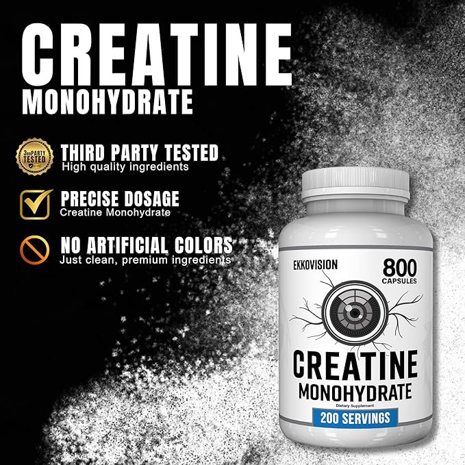Ekkovision Creatine Monohydrate Capsules Micronized Unflavored Creatine Supplement for Men &amp Women Pre Workout &amp Post Workout Support Easy-to-Swallow 800 Capsules 200 Servings