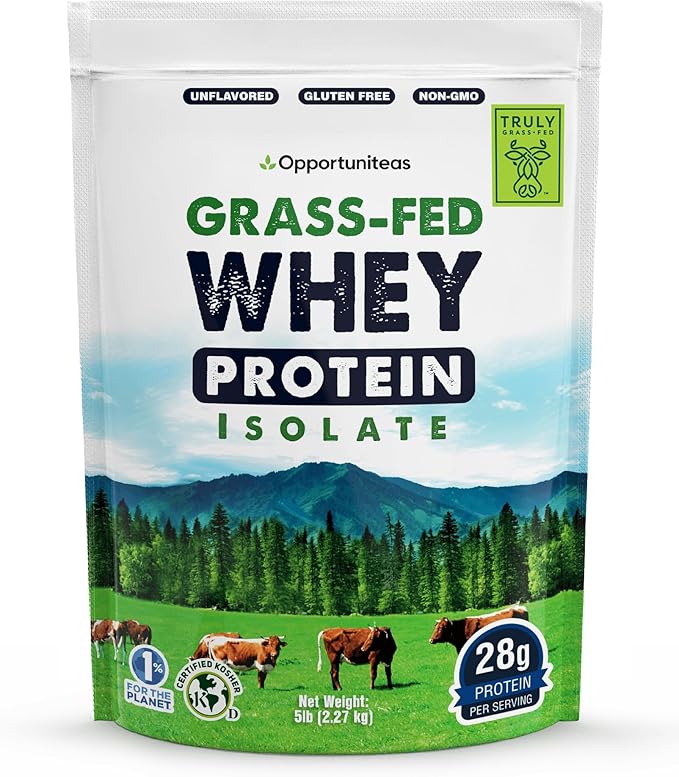 Opportuniteas Grass Fed Whey Isolate Protein Powder – Unflavored Heavy-Metal Tested 28g Protein Sourced from Ireland Hormone-Free Non-GMO Packaged in USA – 5lb