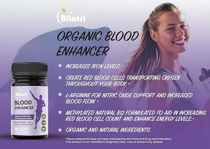 BNatrl Blood Enhancer Organic Iron Supplement Supports Energy Increase Oxygen-Enhances Red Blood Cell Production Without Nausea or Constipation Veggie Capsules Gluten-Free Non-GMO - 90 Capsules